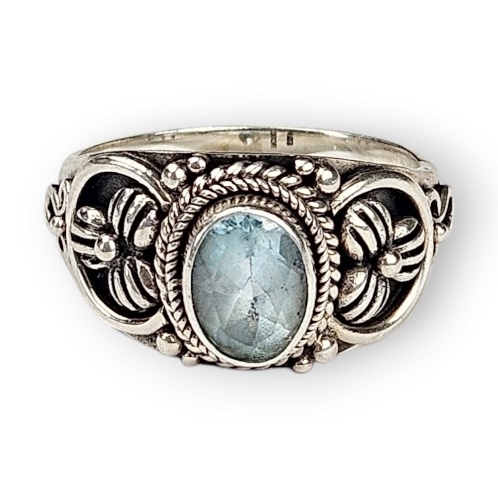 Ba Suarti Blue Topaz Sterling Ring Oval Cut Floral Flower Bali 925 Silver Size 8